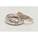 TWO 9CT GOLD DIAMOND SET RINGS, the first a white gold, wide domed band, cross detail set with