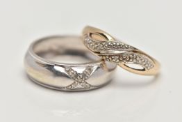 TWO 9CT GOLD DIAMOND SET RINGS, the first a white gold, wide domed band, cross detail set with
