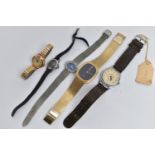 AN ASSORTMENT OF FIVE WATCHES, to include a ladys 'Orfina' cocktail wrist watch, a ladys 'Bentima'