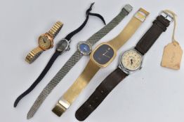 AN ASSORTMENT OF FIVE WATCHES, to include a ladys 'Orfina' cocktail wrist watch, a ladys 'Bentima'