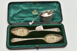 A PAIR OF CASED GEORGE III SILVER BERRY SPOONS AND AN EDWARDIAN SILVER MUSTARD POT, the pair of