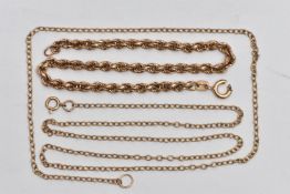 A 9CT GOLD CHAIN BRACELET AND YELLOW METAL CHAIN NECKLACE, a AF yellow gold rope chain,