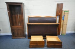 A HARDWOOD AND BROWN LEATHER 5FT SLEIGH BEDSTEAD, with side rails with four drawers, and pine slats,