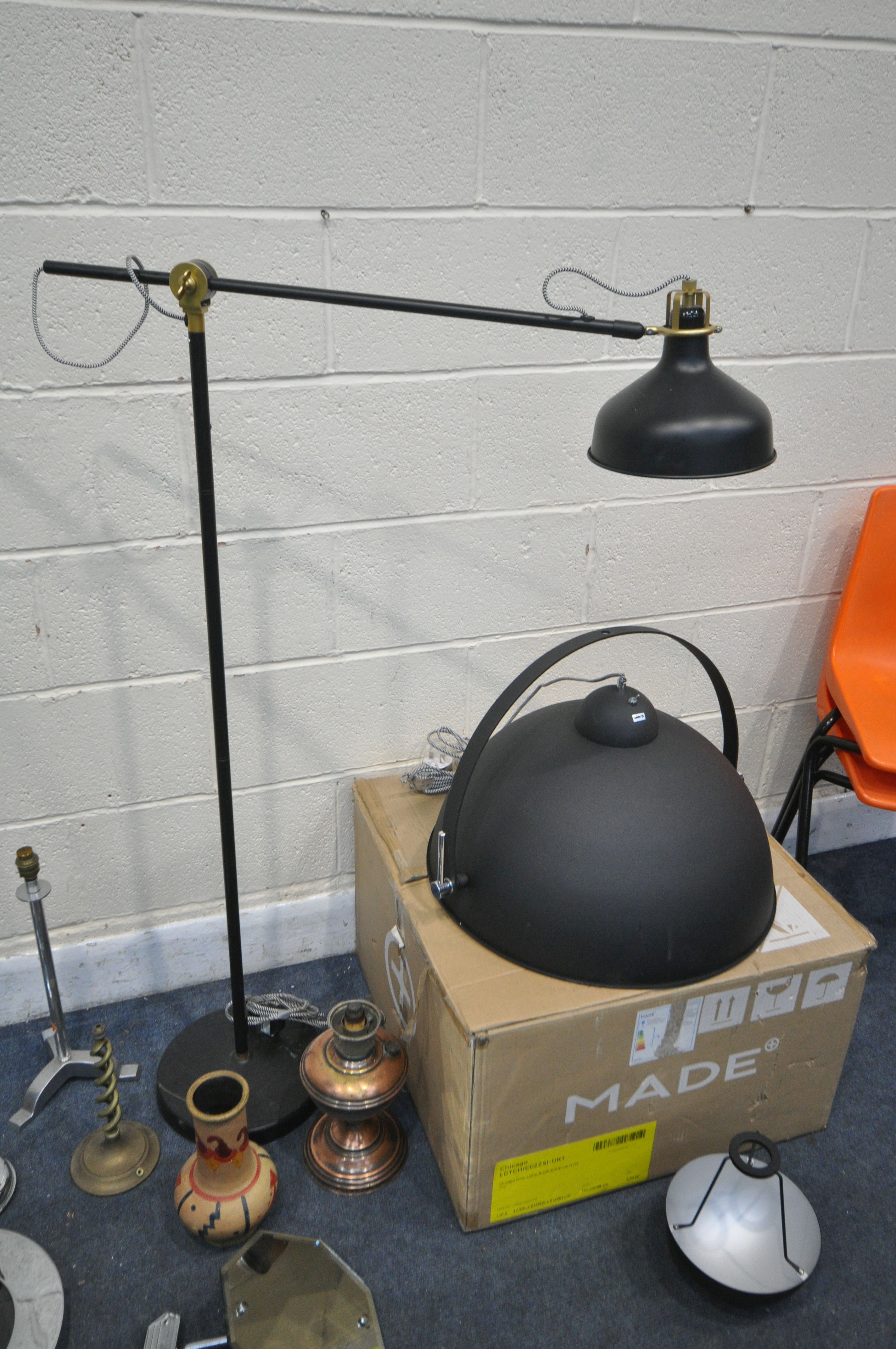 A SELECTION OF LIGHTING AND METALWARE, to include a boxed Made Chicago floor lamp shade (missing - Image 2 of 5