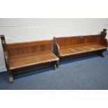 A PITCH PINE CHURCH PEW, length 197cm x depth 47cm x height 97cm, along with a matching church pew