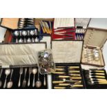 A BOX OF ASSORTED CASED CUTLERY, to include tea knives, pastry forks, teaspoons, spoons, fish
