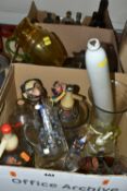 THREE BOXES OF ASSORTED GLASSWARE, to include a Victorian milk glass rolling pin, a small yellow