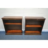 A PAIR OF MAHOGANY OPEN BOOKCASES, with adjustable shelves, width 90cm x depth 30cm x height 90cm (