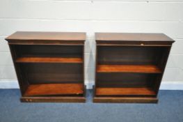 A PAIR OF MAHOGANY OPEN BOOKCASES, with adjustable shelves, width 90cm x depth 30cm x height 90cm (