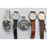 FOUR GENTS WRISTWATCHES AND A POCKET WATCH, to include a manual wind, 'Wostock' watch fitted with