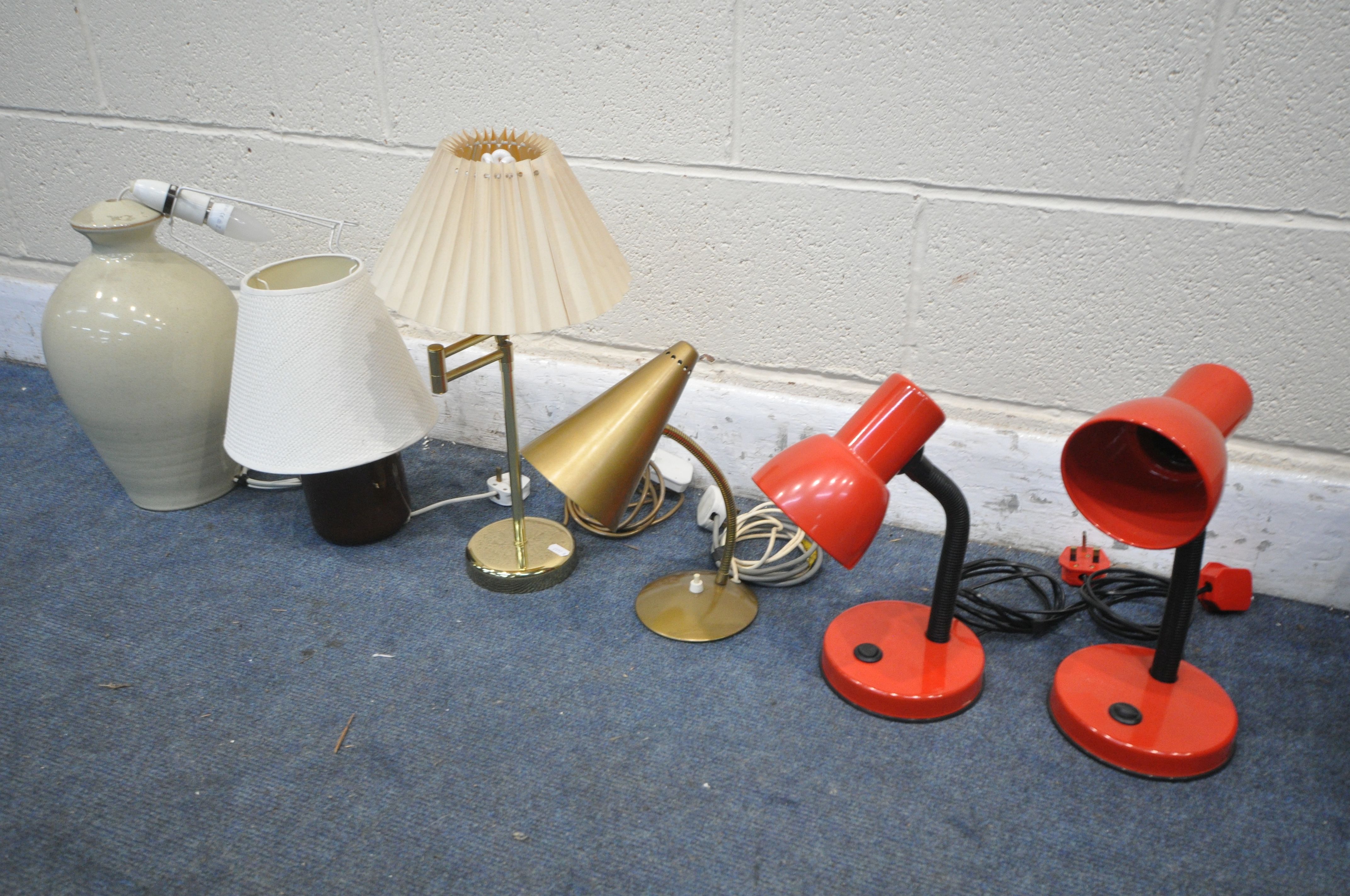 A SELECTION OF LAMPS, to including a pair of red adjustable desk lamps, and four other lamps, and - Image 2 of 2