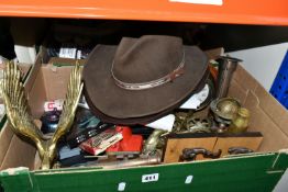 TWO BOXES OF BRASS WARES, FILM AND MUSIC MEMORABILIA, POSTCARDS, AND SUNDRY ITEMS, to include a