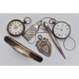 TWO POCKET WATCHES, FOB MEDAL AND OTHER ITEMS, to include a silver open face pocket watch, key