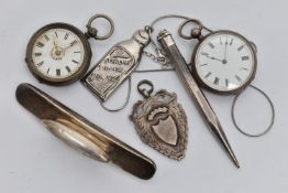 TWO POCKET WATCHES, FOB MEDAL AND OTHER ITEMS, to include a silver open face pocket watch, key