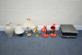 A SELECTION OF LAMPS, to including a pair of red adjustable desk lamps, and four other lamps, and