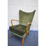 A MID CENTURY HOWARD KEITH BAMBINO ARMCHAIR, with beech open arm rest, labelled to under side, width
