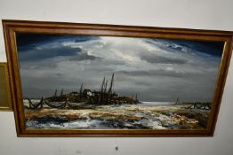 ELLIOTT (20TH CENTURY) A COASTAL LANDSCAPE WITH BOATS AND FIGURES, signed bottom left, oil on board,