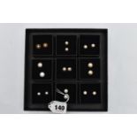 A BOX OF ASSORTED EARRINGS, nine pairs in total, to include seven pairs of cultured pearl stud