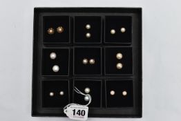 A BOX OF ASSORTED EARRINGS, nine pairs in total, to include seven pairs of cultured pearl stud