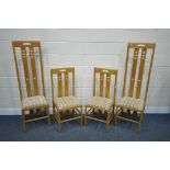 SET OF FOUR MODERN LIGHT OAK DINING CHAIRS, in the style of Charles Rennie Mackintosh, two with high