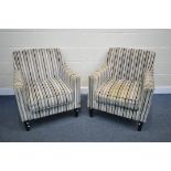 A PAIR OF MODERN STRIPED ARMCHAIRS (condition:- fabric Dirty)