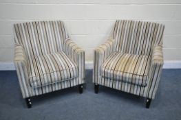 A PAIR OF MODERN STRIPED ARMCHAIRS (condition:- fabric Dirty)
