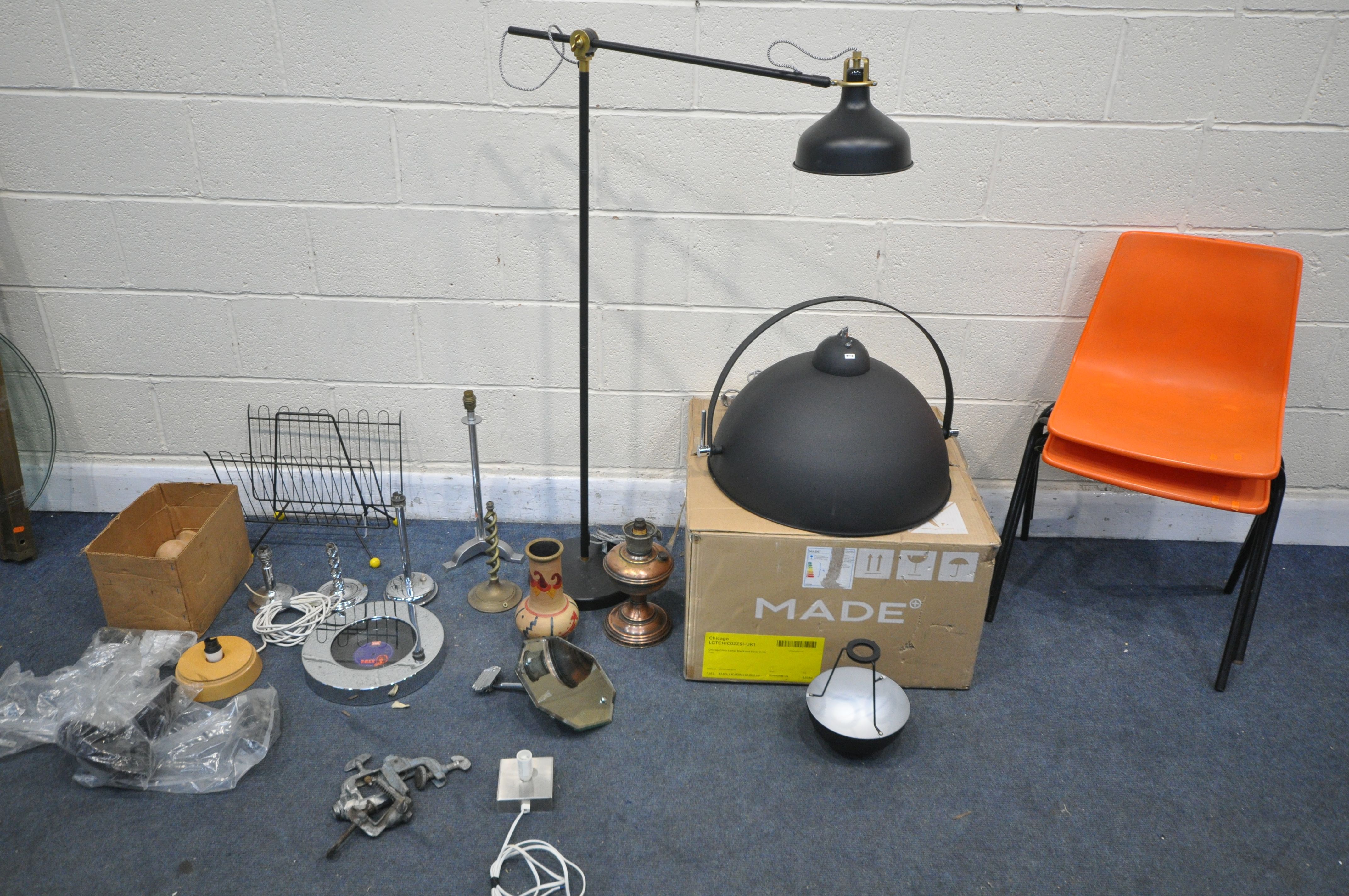 A SELECTION OF LIGHTING AND METALWARE, to include a boxed Made Chicago floor lamp shade (missing