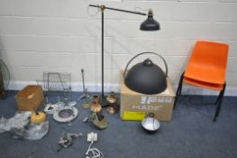 A SELECTION OF LIGHTING AND METALWARE, to include a boxed Made Chicago floor lamp shade (missing