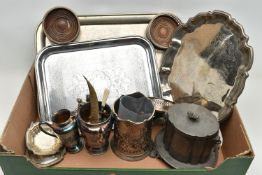 A BOX OF WHITE METAL WARE, to include two Victorian silver fiddle pattern sauce spoons, hallmarked