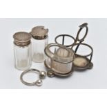 A SILVER CONDIMENT SET, comprising of a pepper pot and two mustards, on a silver stand,