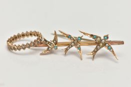 A EARLY 20TH CENTURY 9CT GOLD BROOCH, a yellow gold bar brooch designed with three swallows, set
