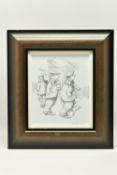 GEORGE SOMERVILLE (SCOTLAND 1947) A SKETCH OF THREE MALE FIGURES WEARING FOOTBALL SCARVES, signed