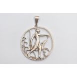 A SILVER OPENWORK PENDANT, depicting goddess Diana bearing a bow walking with a deer, engraved to