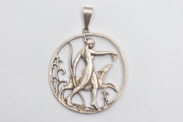 A SILVER OPENWORK PENDANT, depicting goddess Diana bearing a bow walking with a deer, engraved to