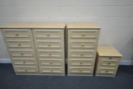 A THREE PIECE MODERN PINE EFFECT BEDROOM FURNITURE, two include a side by side chest of ten drawers,