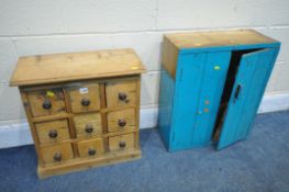 A SMALL PINE CHEST OF NINE DRAWERS, width 54cm x depth 26cm x height 55cm (condition:-aged wear