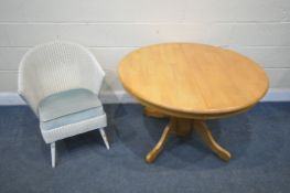 A LLYOD LOOM WICKER BEDROOM CHAIR, along with a beech circular extending pedestal dining table,