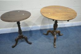 A GEORGIAN OAK AND WALNUT CIRCULAR TILT TOP TRIPOD TABLE, diameter 68cm x height 70cm, and a late