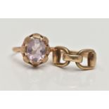 TWO 9CT GOLD RINGS, the first designed with an oval cut amethyst in an eight claw setting, to a