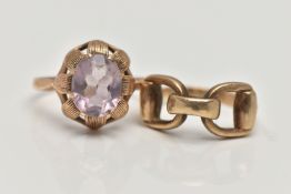 TWO 9CT GOLD RINGS, the first designed with an oval cut amethyst in an eight claw setting, to a