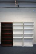 A PAIR OF MODERN WHITE OPEN BOOKCASES, width 80cm x depth 28cm x height 203cm, and a mahogany open