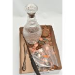 A BOX OF ASSORTED ITEMS, to include a glass decanter with silver collar hallmarked 'Garrard & Co