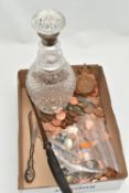 A BOX OF ASSORTED ITEMS, to include a glass decanter with silver collar hallmarked 'Garrard & Co