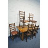 A REPRODUCTION GEORGIAN STYLE OAK DINING TABLE, on block chamfered legs, united by a floor