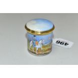 A PETER GRAVES (HERITAGE COLLECTIONS ENGLISH ENAMEL BOXES) CYLINDRICAL BOX WITH HINGED COVER, hand