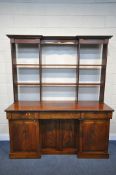 A VICTORIAN FLAME MAHOGANY SIDEBOARD, with three frieze drawers above four cupboard doors width