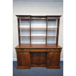 A VICTORIAN FLAME MAHOGANY SIDEBOARD, with three frieze drawers above four cupboard doors width