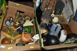 THREE BOXES OF MISCELLANEOUS SUNDRIES, to include an Art Deco Flaxman Ware orange jug, two painted