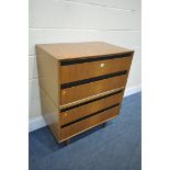 A MID CENTURY MEREDEW TEAK CHEST OF FOUR DRAWERS, on cylindrical legs, width 77cm x depth 46cm x