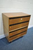 A MID CENTURY MEREDEW TEAK CHEST OF FOUR DRAWERS, on cylindrical legs, width 77cm x depth 46cm x